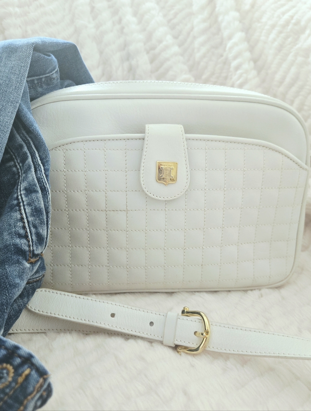 Authentic CELINE Macadam Quilted‎ White Leather Shoulder Crossbody Travel Bag
